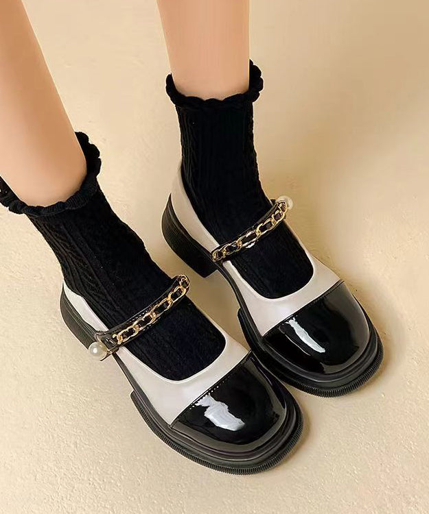 Boho Black Pearl Splicing Buckle Strap Chunky Loafer Shoes