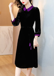 Boho Black Peter Pan Collar Patchwork Silk Velour Maxi Dresses Long Sleeve