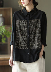 Boho Black Peter Pan Collar Print Cotton Shirt Tops Long Sleeve