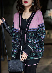 Boho Black Pink Oversized Patchwork Lazy Knit Cardigan Winter