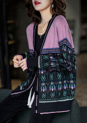 Boho Black Pink Oversized Patchwork Lazy Knit Cardigan Winter