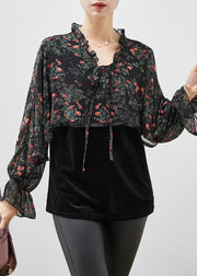 Boho Black Print Ruffled Patchwork Velour Chiffon Shirt Spring