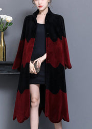 Boho Black Red Stand Collar Patchwork Wool Coat Winter