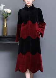 Boho Black Red Stand Collar Patchwork Wool Coat Winter