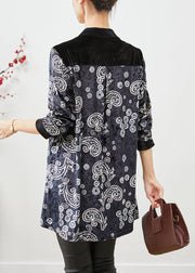 Boho Black V Neck Patchwork Print Silk Velour Long Shirt Fall