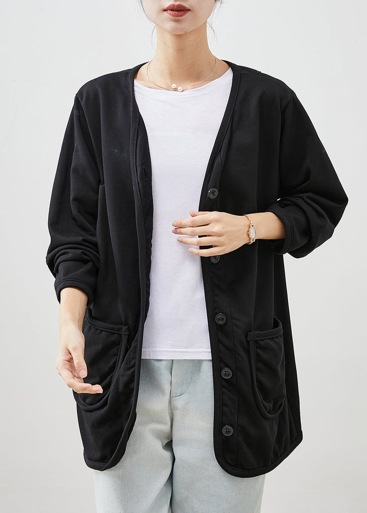 Boho Black V Neck Pockets Cotton Coats Spring