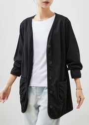 Boho Black V Neck Pockets Cotton Coats Spring