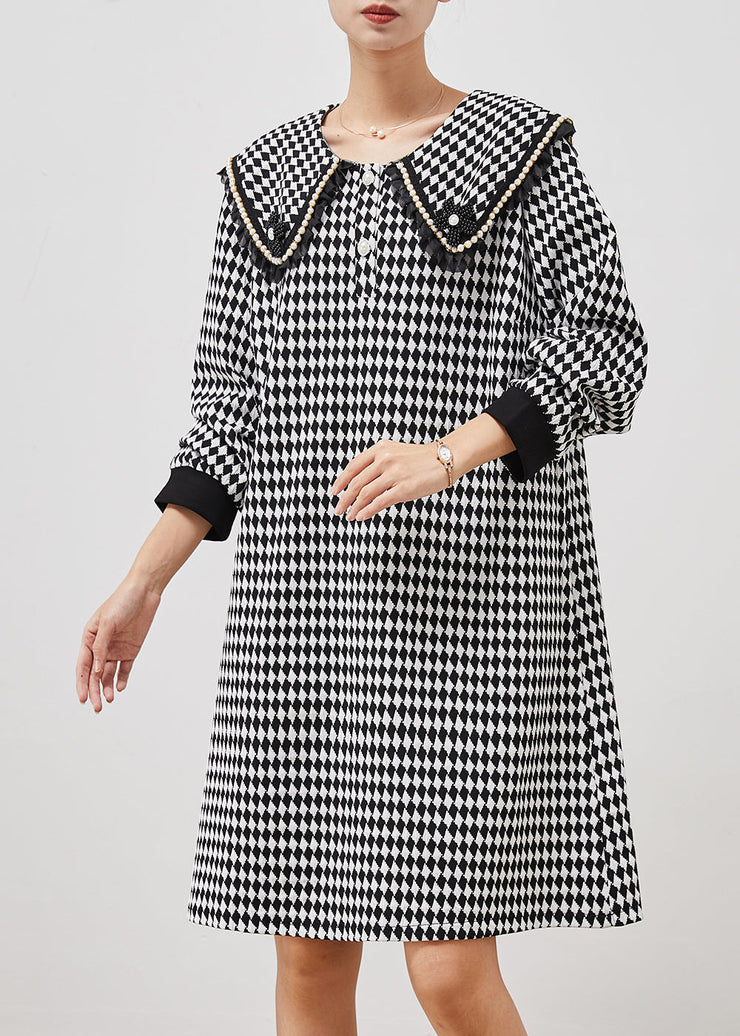 Boho Black White Plaid Sailor Collar Cotton Dress Spring