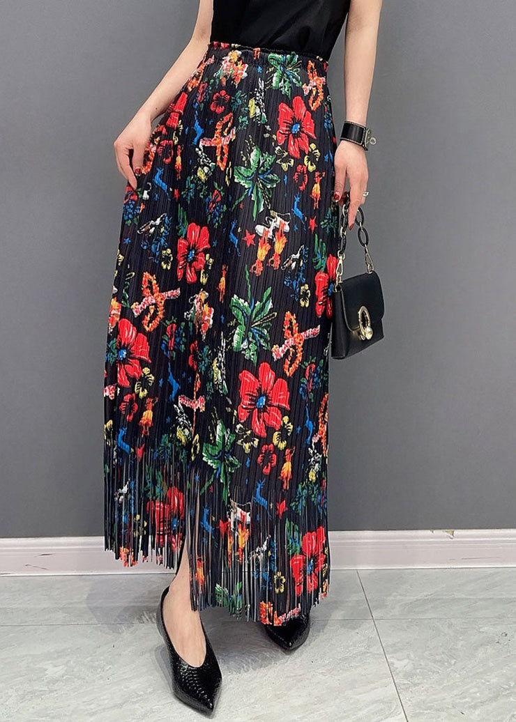 Boho Black Wrinkled Tasseled Floral Print Cotton Skirts Spring