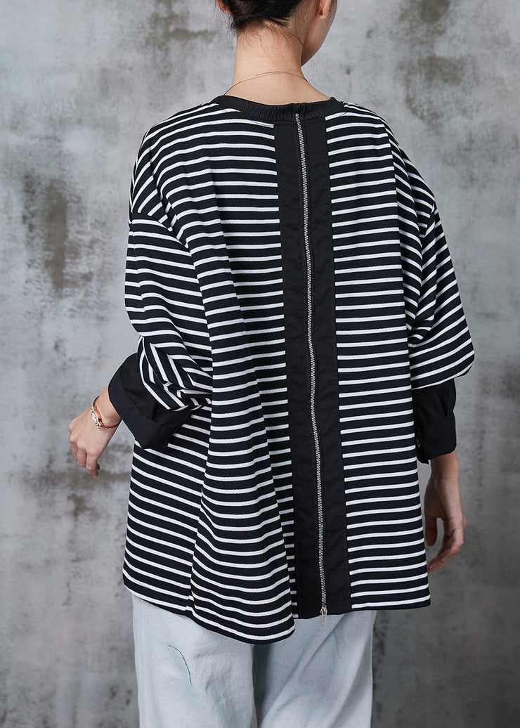 Boho Black Zip Up Striped Cotton Pullover Streetwear Spring