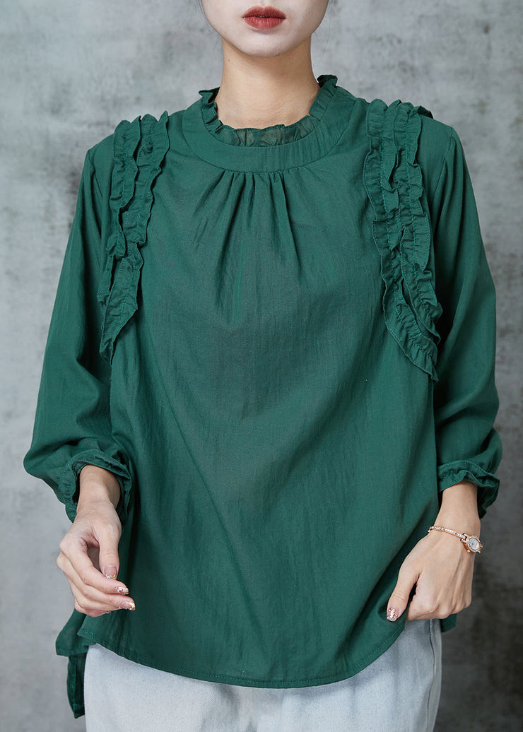 Boho Blackish Green Ruffled Cotton Shirts Spring