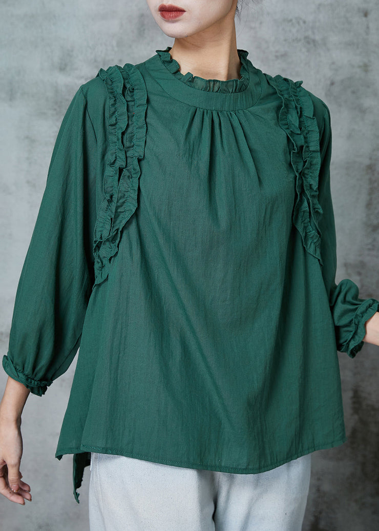 Boho Blackish Green Ruffled Cotton Shirts Spring