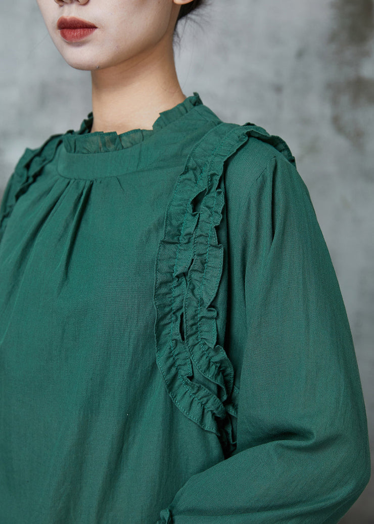 Boho Blackish Green Ruffled Cotton Shirts Spring