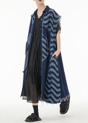 Boho Blue Asymmetrical Patchwork Cotton Denim Long Cardigans Sleeveless