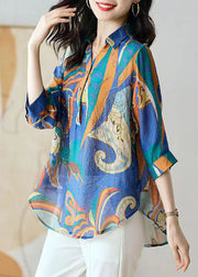 Boho Blue Button Zircon Patchwork Chiffon Shirt Tops Bracelet Sleeve