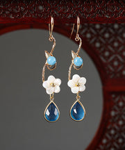 Boho Blue Copper Crystal Coloured Glaze Pearl Shell Flowwer Water Drop Drop Earrings