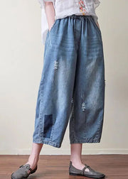 Boho Blue Elastic Waist Pockets Patchwork Applique Hole Cotton Crop Pants Summer