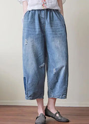 Boho Blue Elastic Waist Pockets Patchwork Applique Hole Cotton Crop Pants Summer