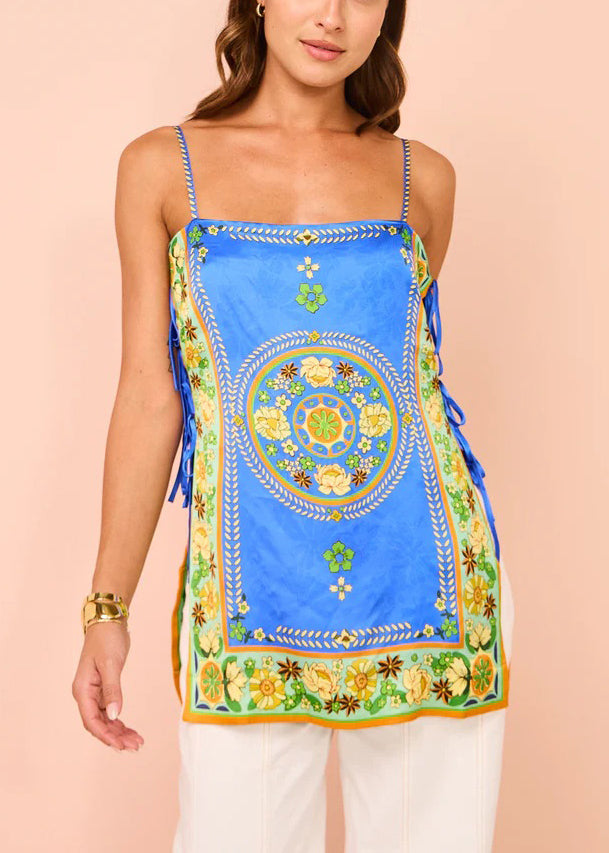 Boho Blue Lace Up Print Silk Spaghetti Strap Tank Sleeveless