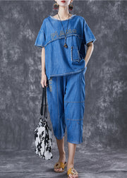 Boho Blue Letter Embroideried Patchwork Denim Two Pieces Set Summer