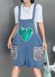 Boho Blue Nail Bead Sequins Patchwork Denim Jumpsuit Shorts Summer