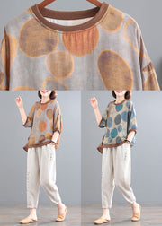 Boho Blue O-Neck Dot Print Linen Tops And Pants Two Pieces Set Summer