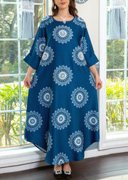 Boho Blue O Neck Print Cotton Maxi Dresses Summer