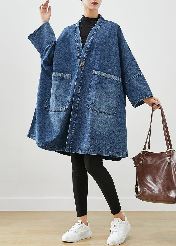 Boho Blue Oversized Pockets Denim Trench Coats Batwing Sleeve