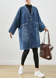 Boho Blue Oversized Pockets Denim Trench Coats Batwing Sleeve