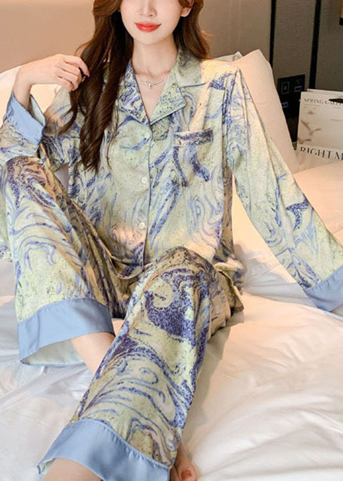 Boho Blue Oversized Tie Dye Ice Silk Pajamas Two Pieces Set Spring