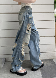 Boho Blue Pockets Patchwork Hole Denim Pants Fall