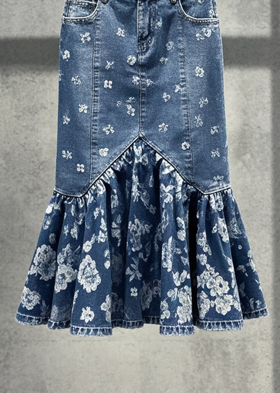 Boho Blue Print Silm Fit Denim Wraped Skirts Fall