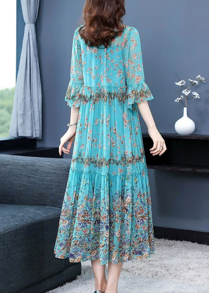 Boho Blue Ruffled Patchwork Print Silk Maxi Dress Flare Sleeve