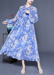 Boho Blue Ruffled Print Exra Large Hem Silk Beach Dresses Lantern Sleeve