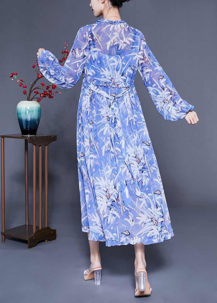 Boho Blue Ruffled Print Exra Large Hem Silk Beach Dresses Lantern Sleeve