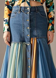 Boho Blue Silm Fit Patchwork Denim Skirt Fall