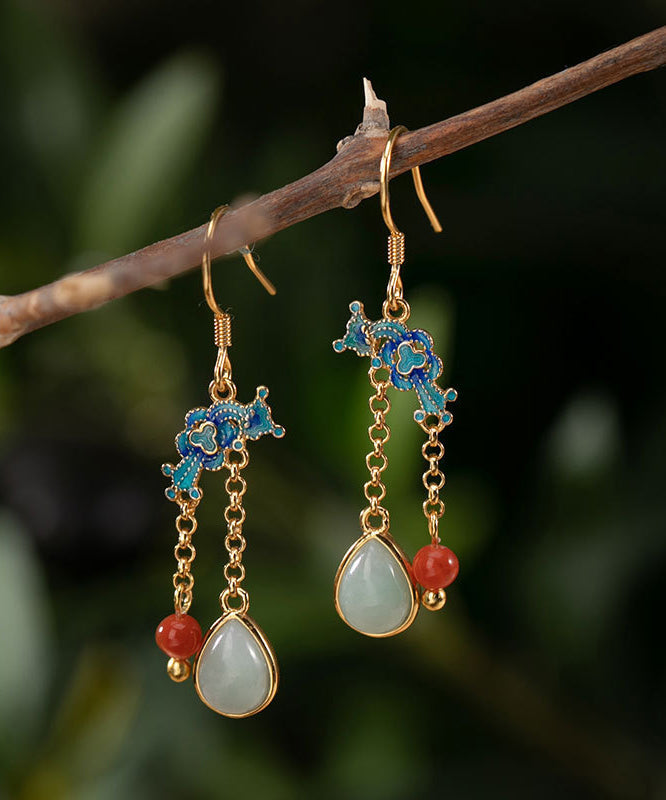 Boho Blue Sterling Silver Gold Plated Cloisonne Jadeite Water Drop Jade Drop Earrings