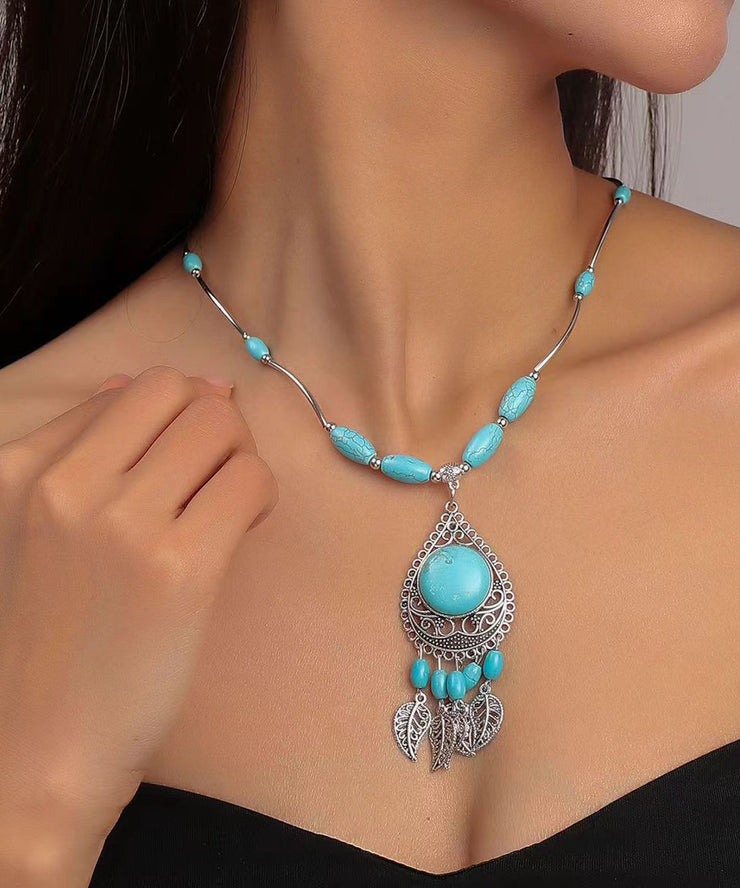 Boho Blue Sterling Silver Turquoise Water Drop Leaves Pendant Necklace