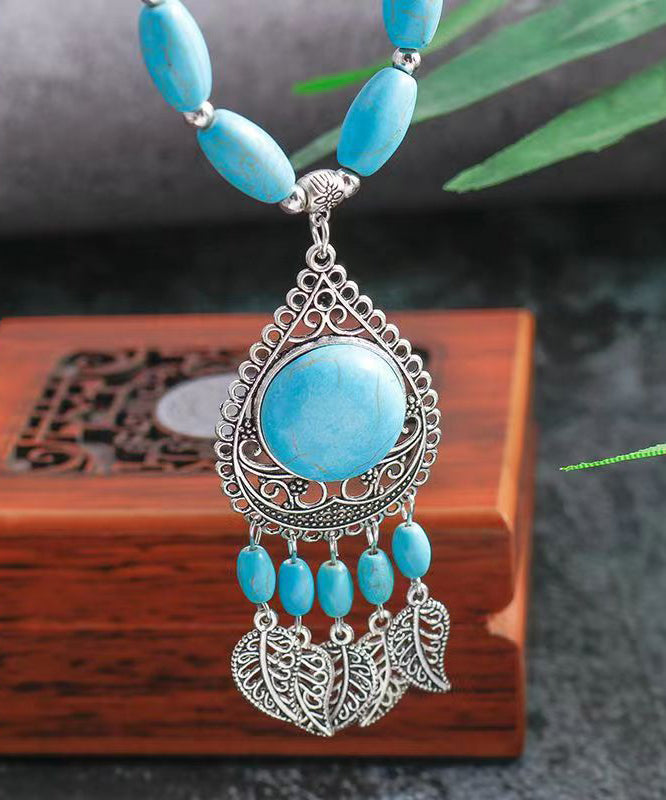 Boho Blue Sterling Silver Turquoise Water Drop Leaves Pendant Necklace