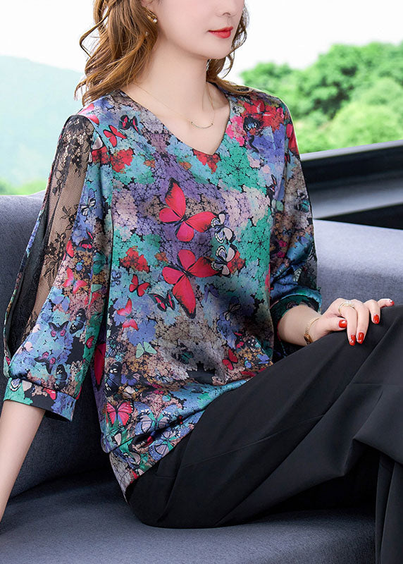 Boho Blue V Neck Butterfly Print Lace Patchwork Silk Shirt Half Sleeve