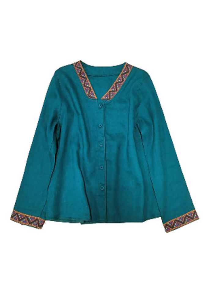 Boho Blue V Neck Embroideried Button Linen Shirt Long Sleeve