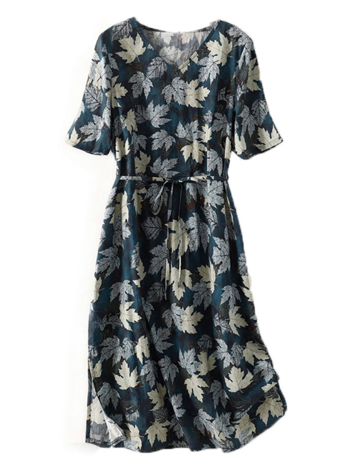 Boho Blue V Neck Print Tie Waist Cotton Dress Summer