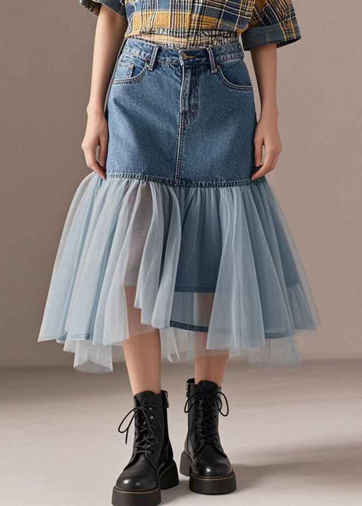 Boho Blue Wraped Patchwork Tulle Denim Skirts Spring