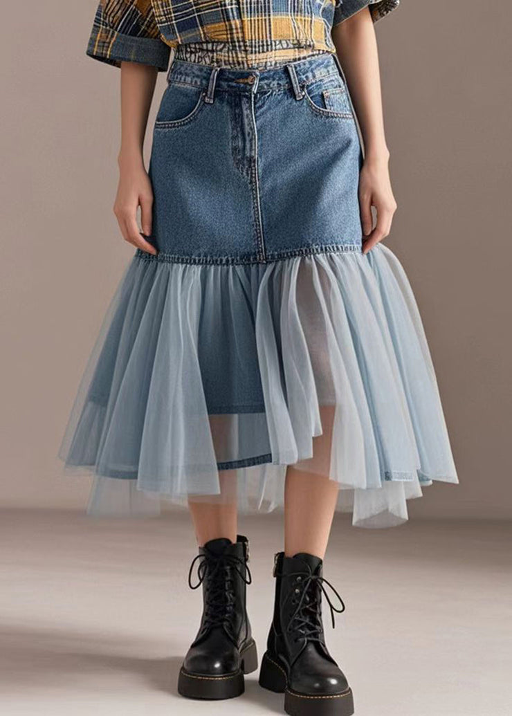 Boho Blue Wraped Patchwork Tulle Denim Skirts Spring