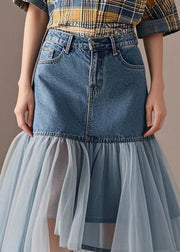 Boho Blue Wraped Patchwork Tulle Denim Skirts Spring