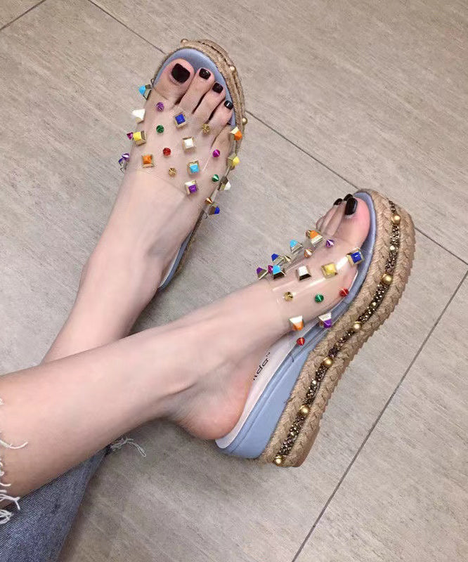 Boho Blue Zircon High Wedge Heels Peep Toe Slide Sandals