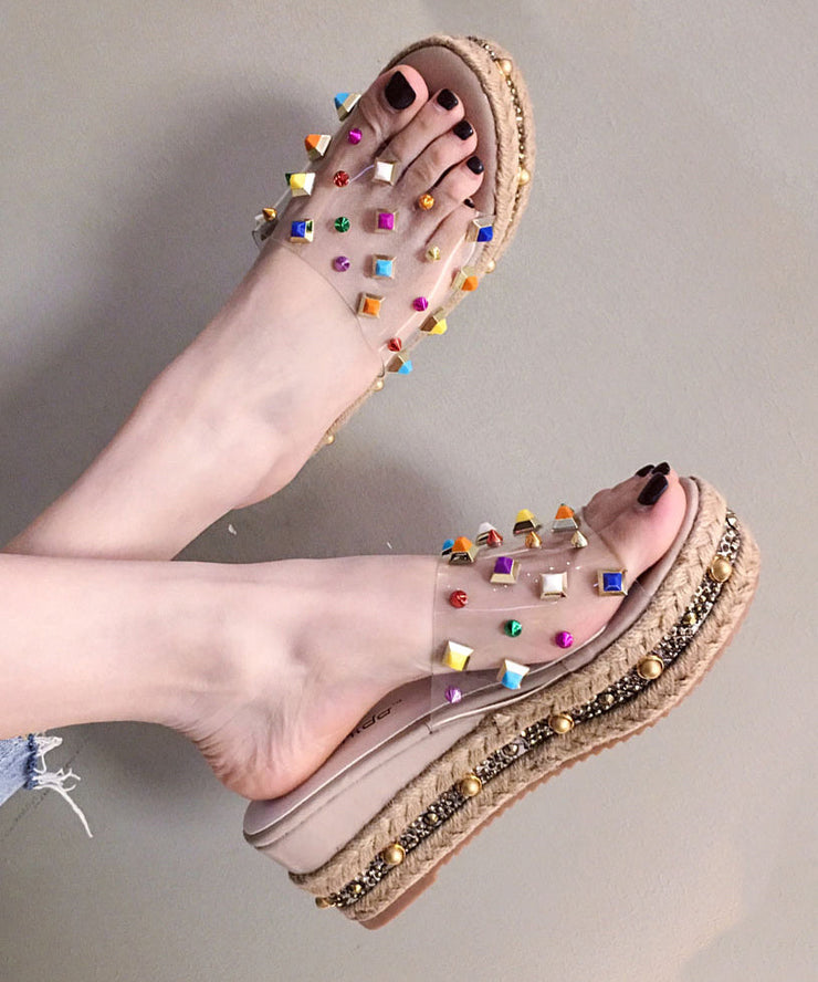 Boho Blue Zircon High Wedge Heels Peep Toe Slide Sandals