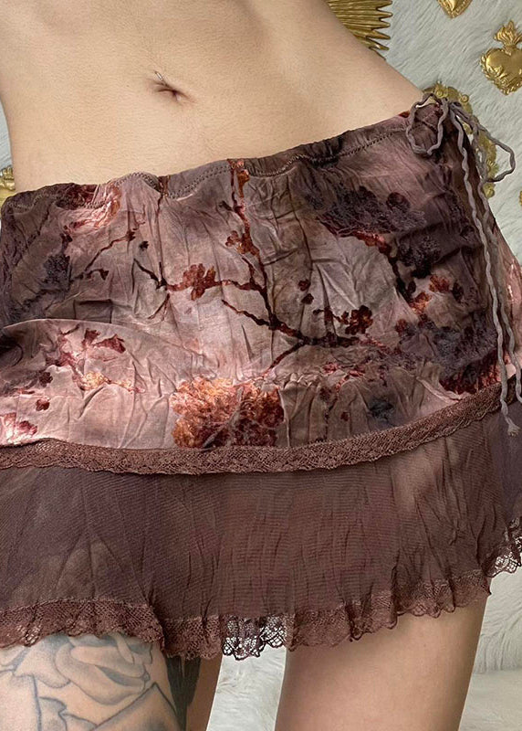 Boho Brown Tie Dye Print Drawstring Tulle Patchwork Skirt Summer