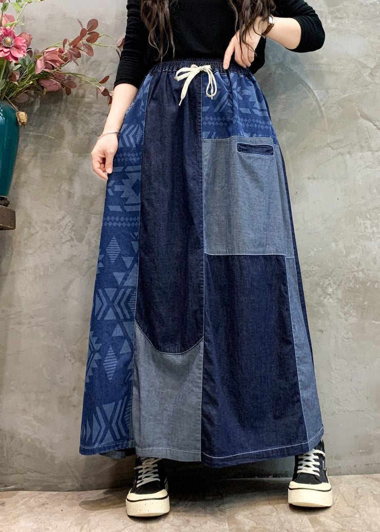 Boho Casual Navy Patchwork Elastic Waist Denim Skirts Spring