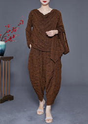 Boho Coffee Oversized Wrinkled Cotton Three Pieces Set Spring